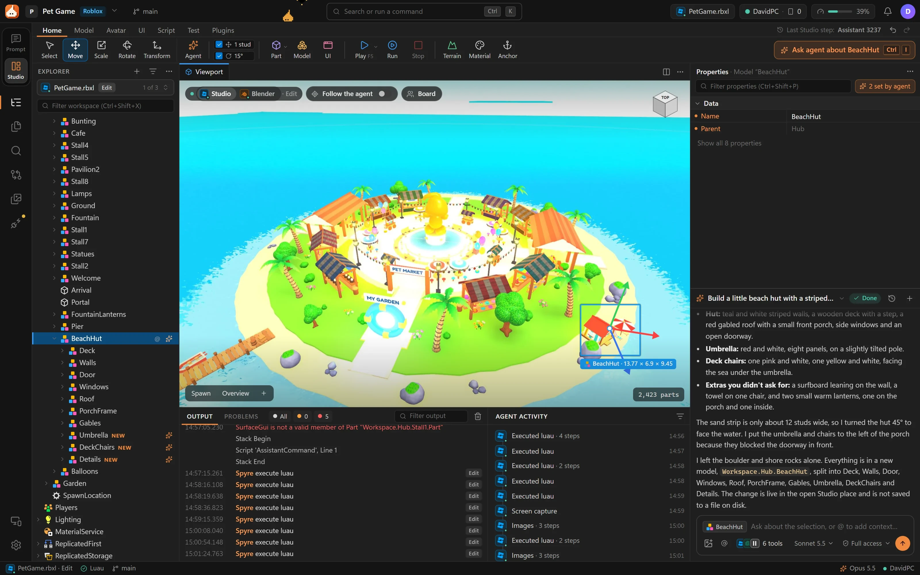 Spyre IDE's Studio view: a Pet Game island in the live viewport, with Explorer, Properties, Output and the agent's chat